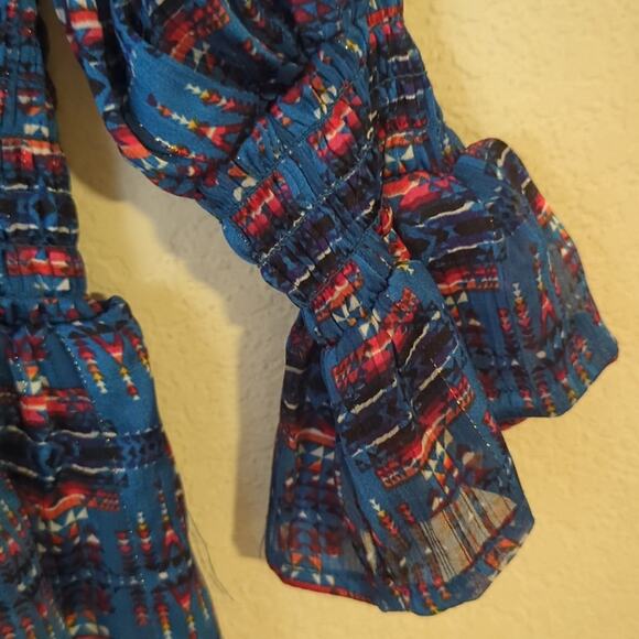 Aqua/Pendleton Womens Ruffled V-Neck Blue Southwest Print Shimmer Mini Dress XS - Picture 7 of 9